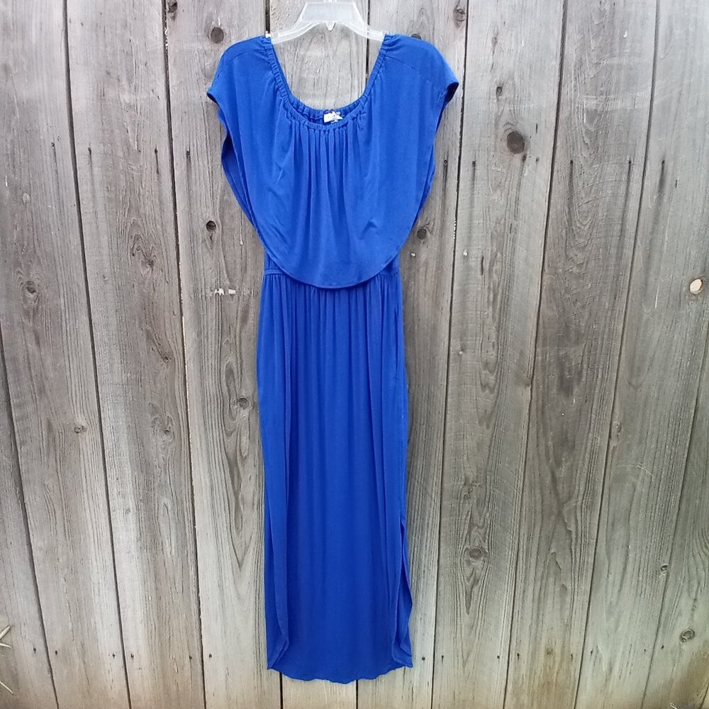 SUGAR LIPS DRESS WOMENS SZ M BLUE POPOVER JERSEY KNIT MAXI OFF THE SHOULDERS